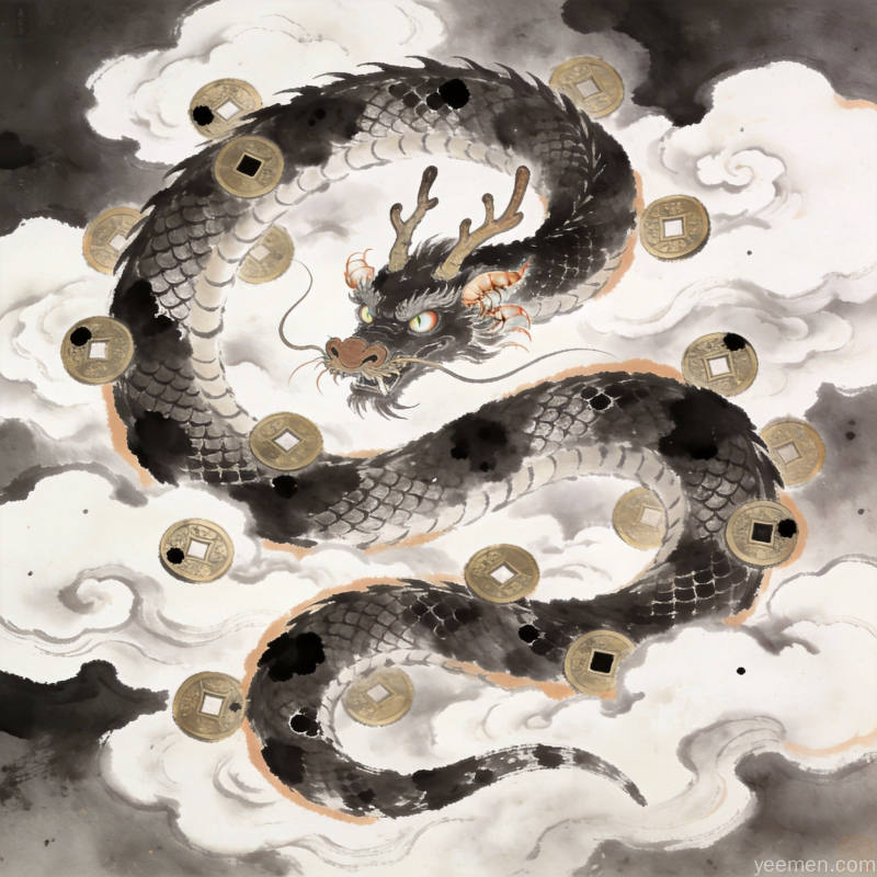 远山云雾中的蛇与铜钱，象征财富积累