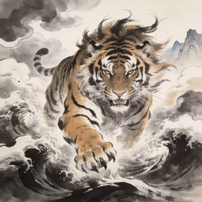 云海翻涌中的猛虎，寓意气势磅礴