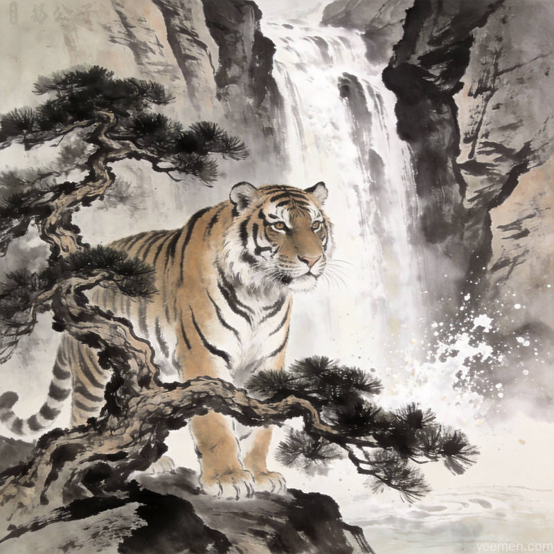 松树瀑布前的虎，象征坚韧不拔
