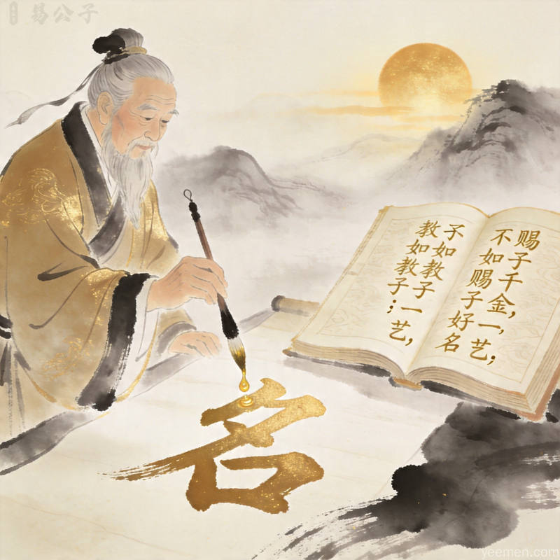 国风书法插画：长者挥毫书写名字，寓意姓名传承的重要性