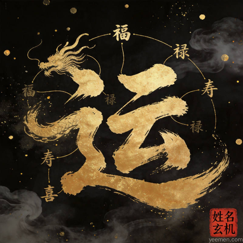 姓名与运势图：黑金龙纹环绕大运字，象征姓名影响命运