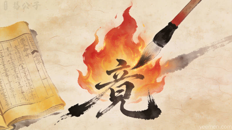 燃烧火焰与毛笔书法，传统命理风格
